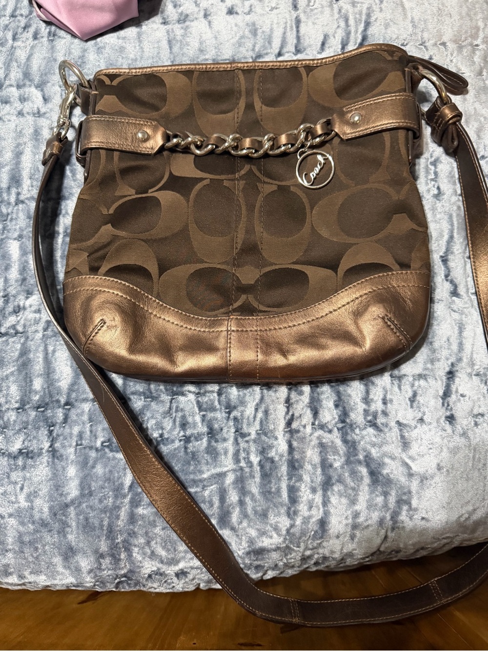 Coach Brown Signature Canvas Crossbody with Chain Detail